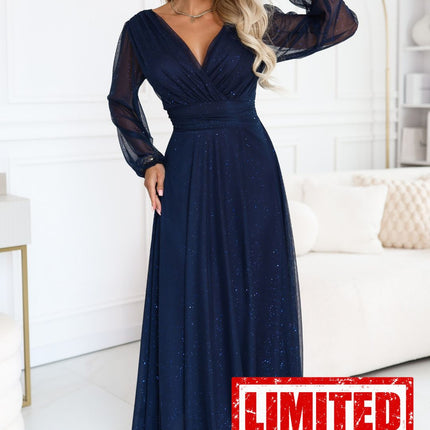 Navy Blue Glitter Tulle Maxi Dress with Wrap Neckline