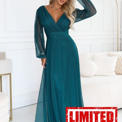 Bottle Green Glitter Tulle Maxi Dress with Wrap Neckline