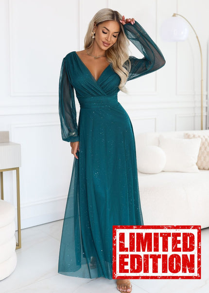 Bottle Green Glitter Tulle Maxi Dress with Wrap Neckline