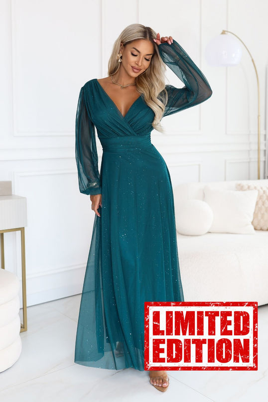 Bottle Green Glitter Tulle Maxi Dress with Wrap Neckline