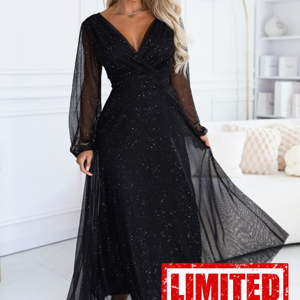 Black Tulle Maxi Dress with Glitter Wrap Neckline