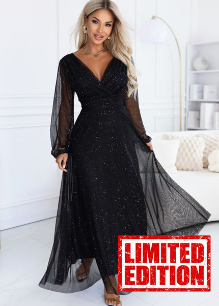 Black Tulle Maxi Dress with Glitter Wrap Neckline