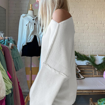 White Asymmetric Neck Drop Shoulder Baggy Slouchy Sweater