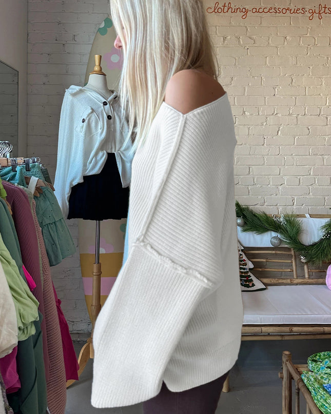 White Asymmetric Neck Drop Shoulder Baggy Slouchy Sweater