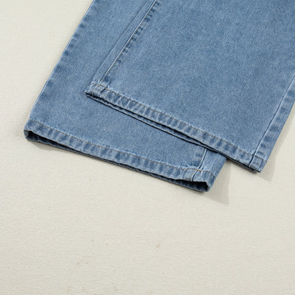 Dusk Blue Pleated Wide Leg Retro Pocketed Denim Jumpsuit