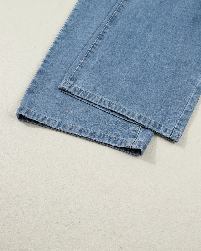 Dusk Blue Pleated Wide Leg Retro Pocketed Denim Jumpsuit