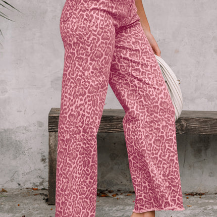 Rose Leopard Frayed Edge Wide Leg High Waist Jeans