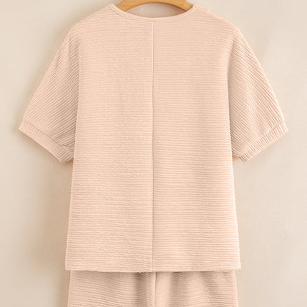 Pink Textured V Neck T Shirt and Shorts Set