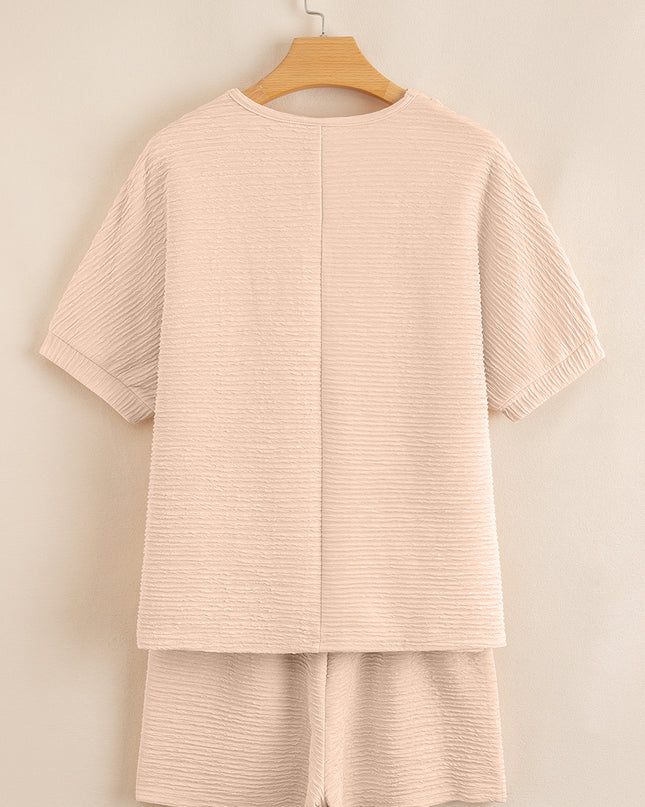 Pink Textured V Neck T Shirt and Shorts Set