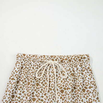 Brown Leopard Drawstring Elastic Waistband Loose Pants