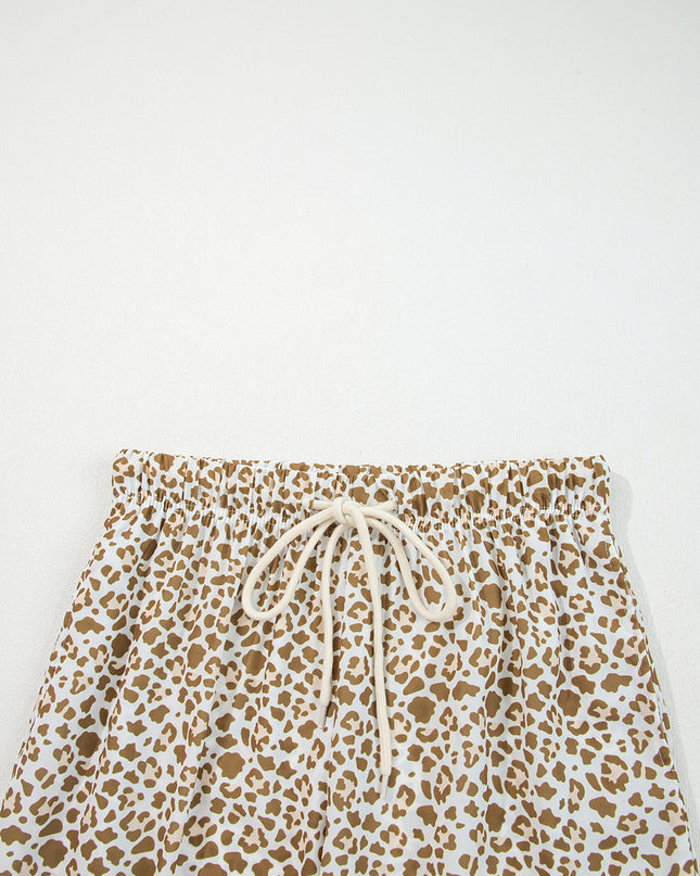 Brown Leopard Drawstring Elastic Waistband Loose Pants
