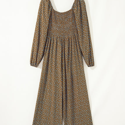 Brown Floral Print Western Smocked Bodice Square Neck Wide Leg Jumpsuit