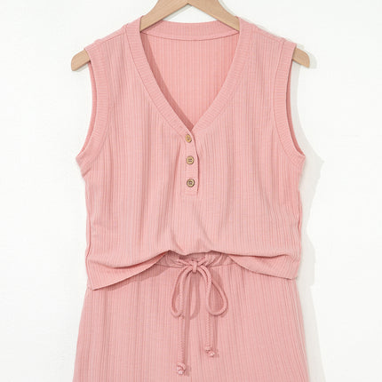 Gossamer Pink Ribbed Button V Neck Tank Top and Shorts Set