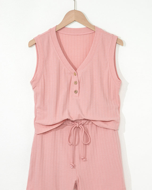 Gossamer Pink Ribbed Button V Neck Tank Top and Shorts Set