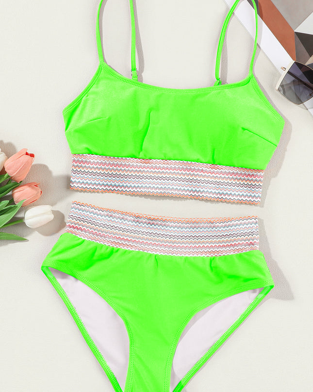 Peach Blossom Striped Patchwork Spaghetti Strap High Waist Bikini Swimsuit