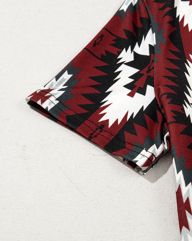 Red Western Aztec Printed Long T-shirt Dress
