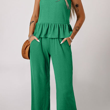 Beau Blue Solid Color Ribbed Ruffle Tank Top and Pants Set