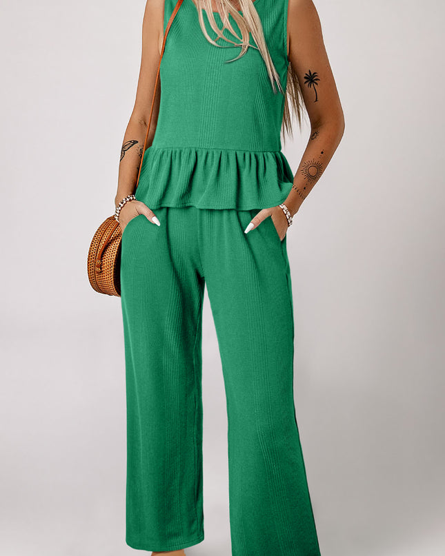 Beau Blue Solid Color Ribbed Ruffle Tank Top and Pants Set