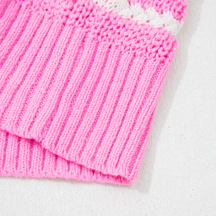 Pink Stripe Short Sleeve Knit V Neck Bow Knot Sweater