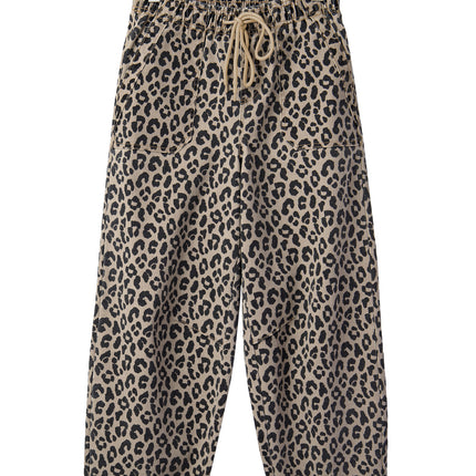Khaki Leopard Print Drawstring Elastic Waist Loose Denim Pants with Pockets