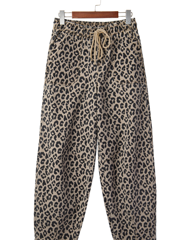 Khaki Leopard Print Drawstring Elastic Waist Loose Denim Pants with Pockets