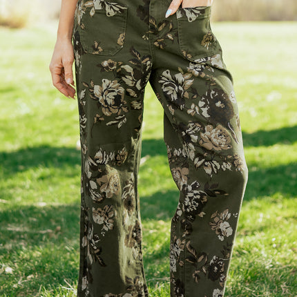 Green Vintage Floral Print Square Patch Pocket Raw Hem Shift Jeans
