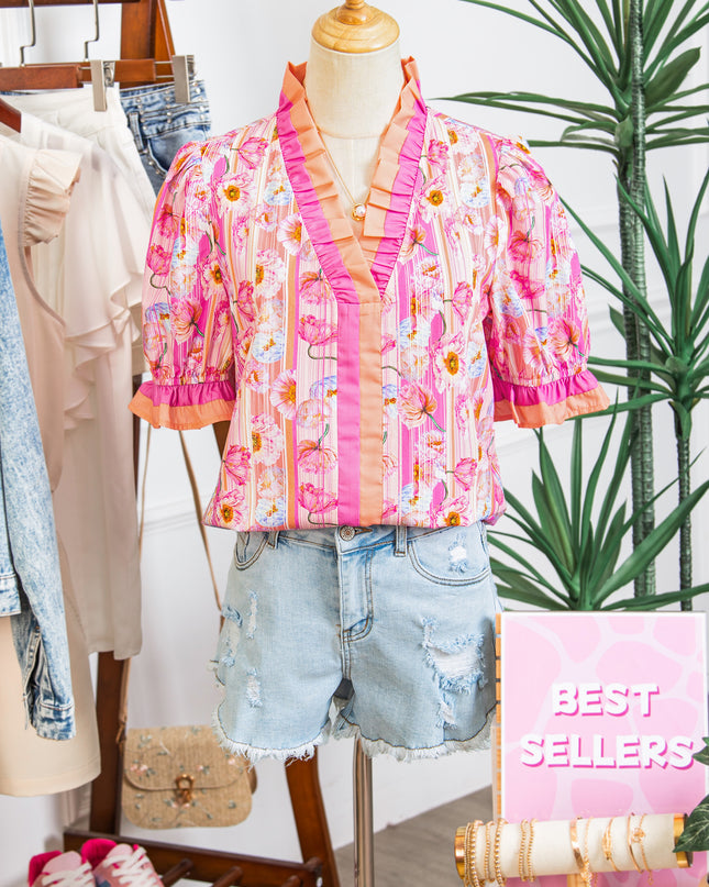 Pink Poppy Flower Striped Print Color Block Trim V Neck Short Sleeve Blouse