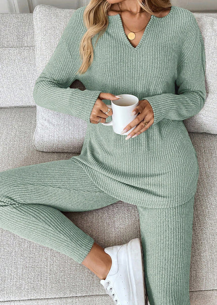 Black Ribbed Notched Neck Knit Long Sleeve Leggings Two Pieces Lounge Set