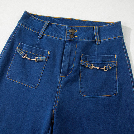 Sail Blue Hardware Decor Patched Pockets Wide Leg Jean Pants