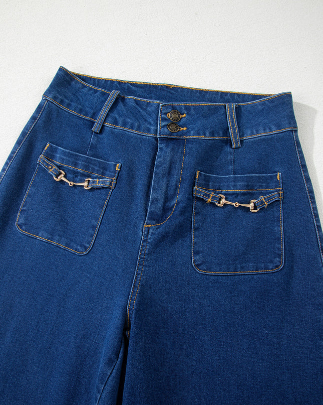 Sail Blue Hardware Decor Patched Pockets Wide Leg Jean Pants