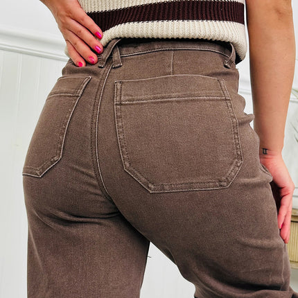 Dark Brown Retro Washed Patch Pocket Loose Jeans