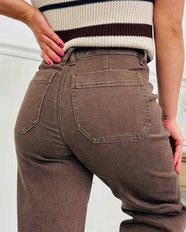 Dark Brown Retro Washed Patch Pocket Loose Jeans