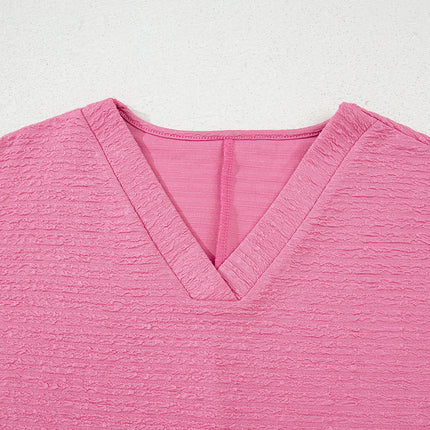 Pink Textured V Neck T Shirt and Shorts Set