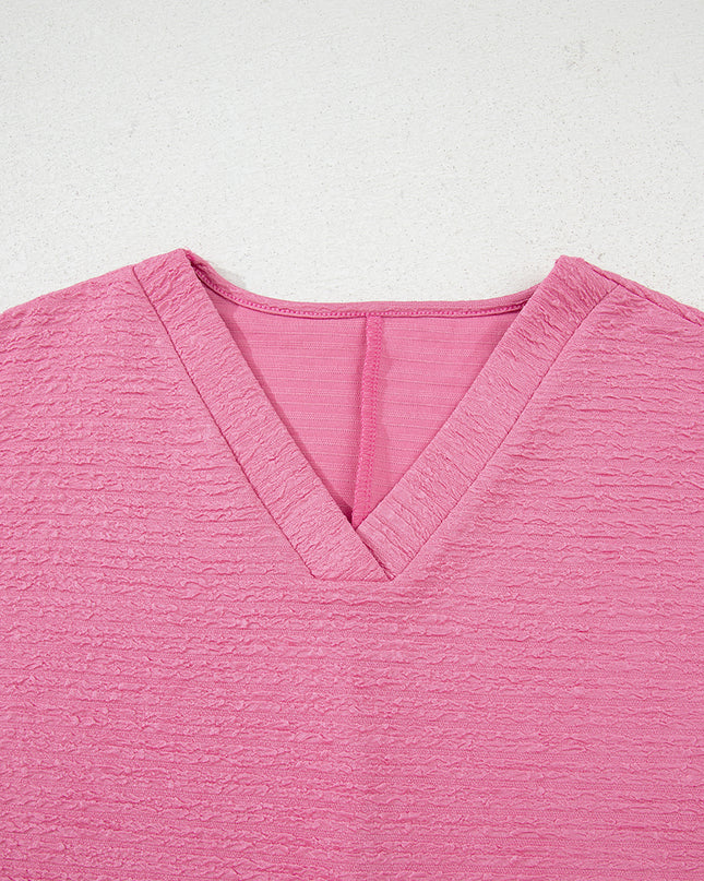 Pink Textured V Neck T Shirt and Shorts Set