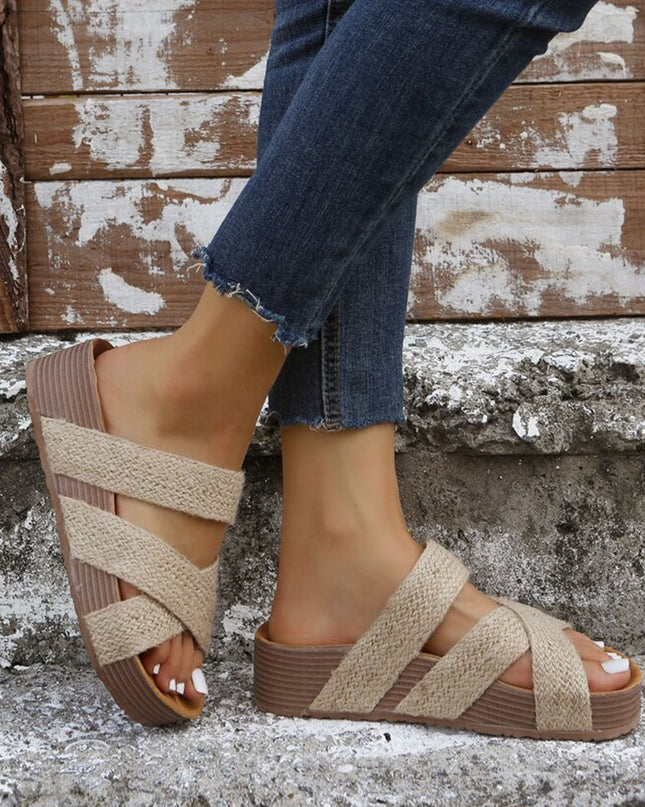Beige Woven Cross Criss Hollowed Slip-On Slippers