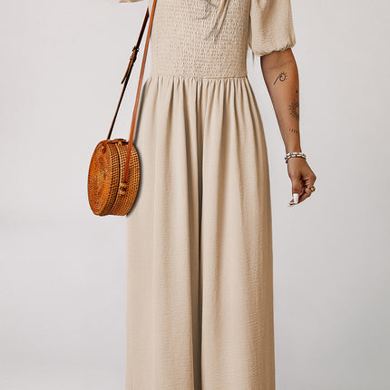Apricot Short Bubble Sleeve Smocked Wide Leg Jumpsuit
