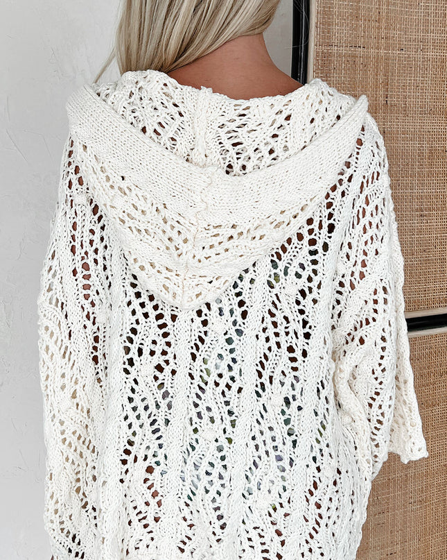 White Fashion Open Knit Hooded Beach Cover Up