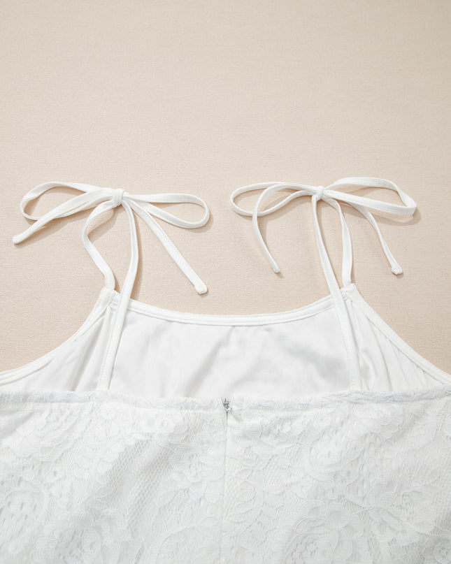 White Tie Spaghetti Straps Floral Lace Overlay Long Dress