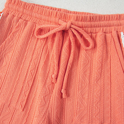 Grapefruit Orange Crochet Floral Accent V Neck Textured Pants Set