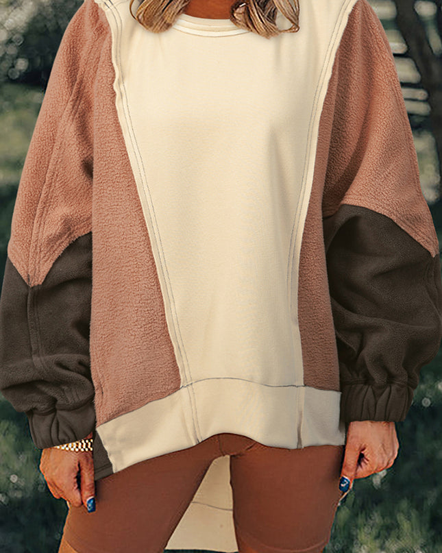 Beige Oversized Color Block Patchwork High Low Hoodie