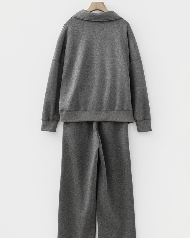 Medium Grey Collared V Neck Pullover Sweatshirt Sweatpants Set