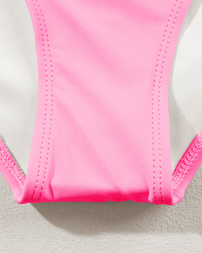 Peach Blossom Striped Patchwork Spaghetti Strap High Waist Bikini Swimsuit