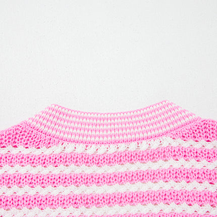 Pink Stripe Short Sleeve Knit V Neck Bow Knot Sweater