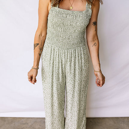 Green Smocked Bodice Square Neck Sleeveless Floral Jumpsuit