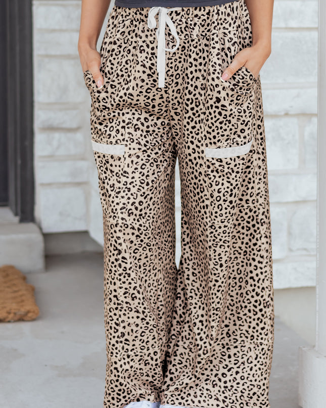 Khaki Animal Print Wide Leg Terry Knit Pants