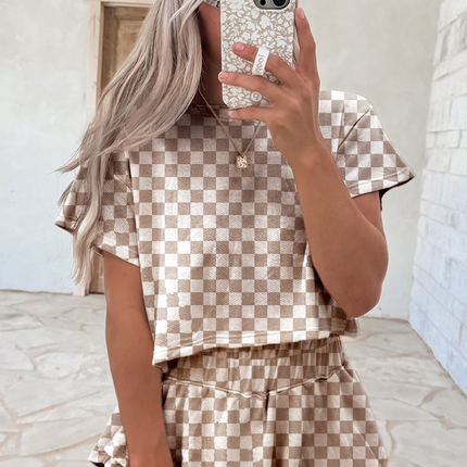 Black Checkerboard T Shirt and High Waist Skorts 2 Piece Outfit set