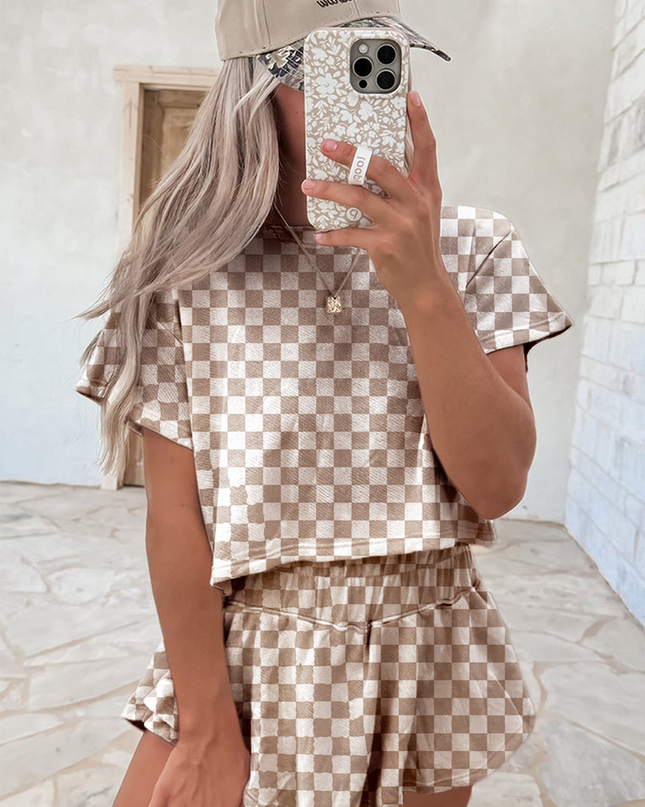 Black Checkerboard T Shirt and High Waist Skorts 2 Piece Outfit set