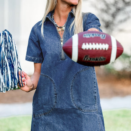 Blue Zip up Collared Short Sleeve Shift Mini Denim Dress