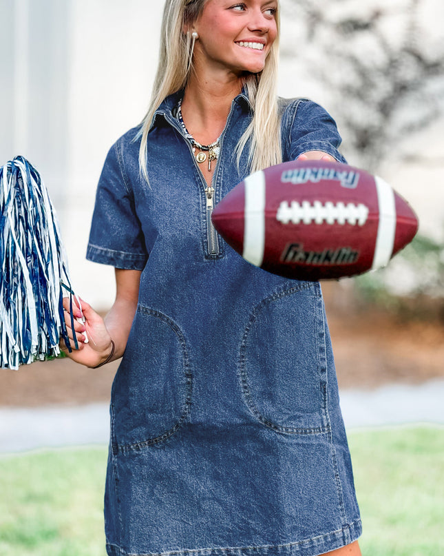 Blue Zip up Collared Short Sleeve Shift Mini Denim Dress