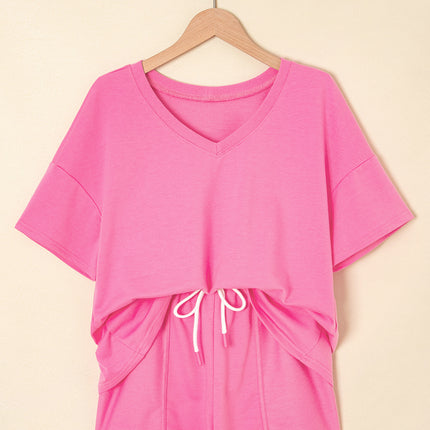 Mint Green V Neck Drop Shoulder Tee and Patchwork Drawstring Shorts Set